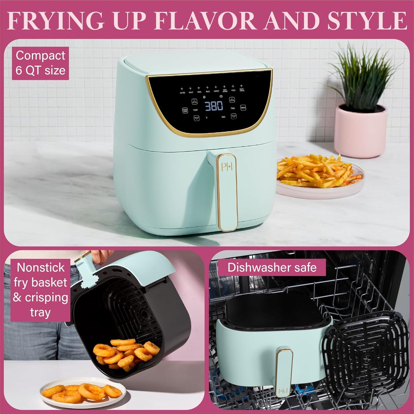Paris Hilton Air Fryer, Large 6-Quart Capacity, Nonstick Made without PFAS, Touchscreen Display, 8-in-1 (Air Fry, Roast, Broil, Bake, Reheat, Keep Warm, Pizza, Dehydrate), Dishwasher Safe, Aqua