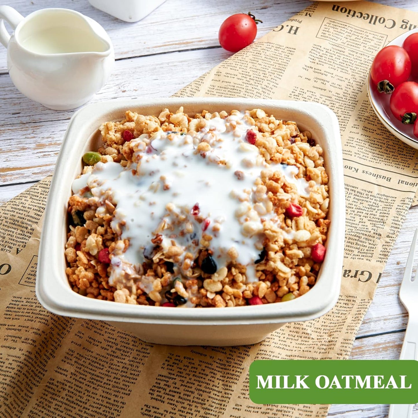 Vplus 100 Pack 42 OZ Paper Bowls Bulk, Square Disposable and Compostable, Eco-friendly Bagasse, Heavy-duty Bowls Perfect for Milk Cereals, Snacks, Salads