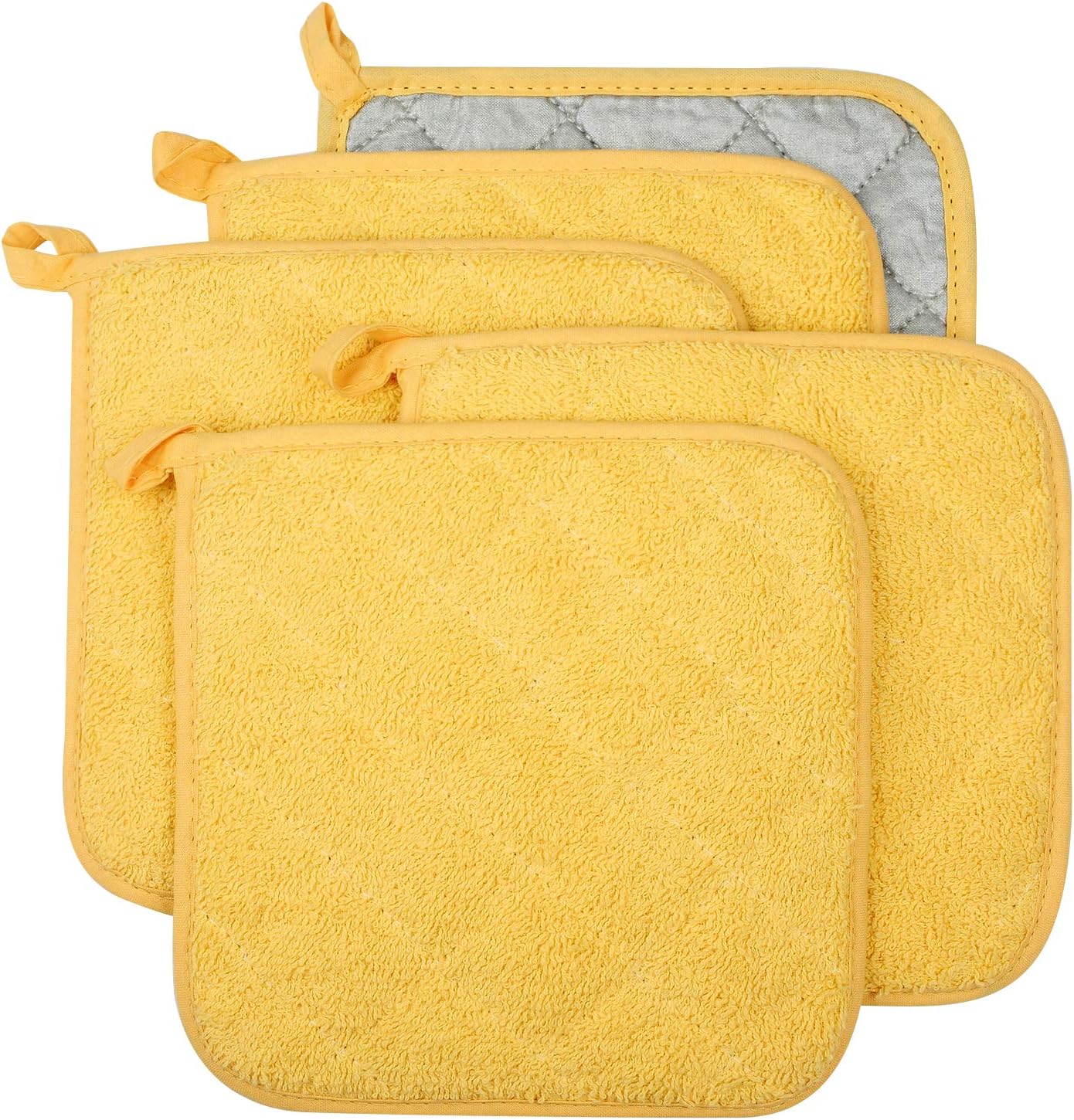 100% Cotton Kitchen Everyday Basic Terry Pot Holder Heat Resistant Coaster Potholder for Cooking and Baking Set of 5 Yellow