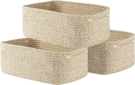 Small Woven Basket, 13.5 x 9.5 x 5 Inches, Storage Basket for Organizing, Cute Small Rope Shelf Closet Cube Storage Bins Baskets for Shelves, Dog Toy Gift Baskets Empty, 3 Packs, Mixed Brown