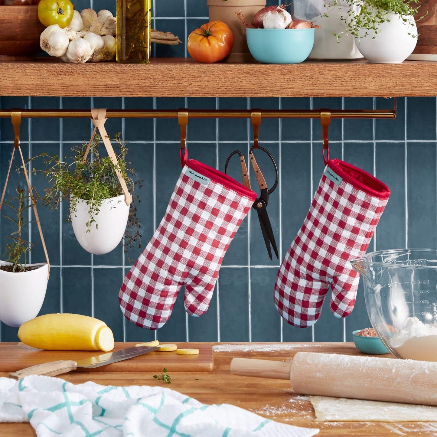 KitchenAid Gingham Oven Mitt 2-Pack Set, Passion Red, 7"x13"