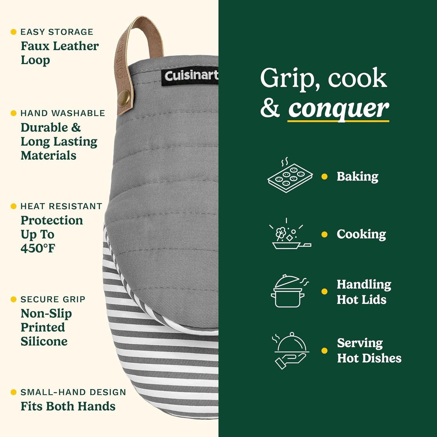 Cuisinart Mini Oven Mitts – 5.5” x 8” Heat-Resistant Kitchen Mitts for Oven with Non-Slip Printed Silicone, Cotton Filling, and Faux Leather Loop – Durable Oven Mitt Set for Cooking & Baking (Horizon)