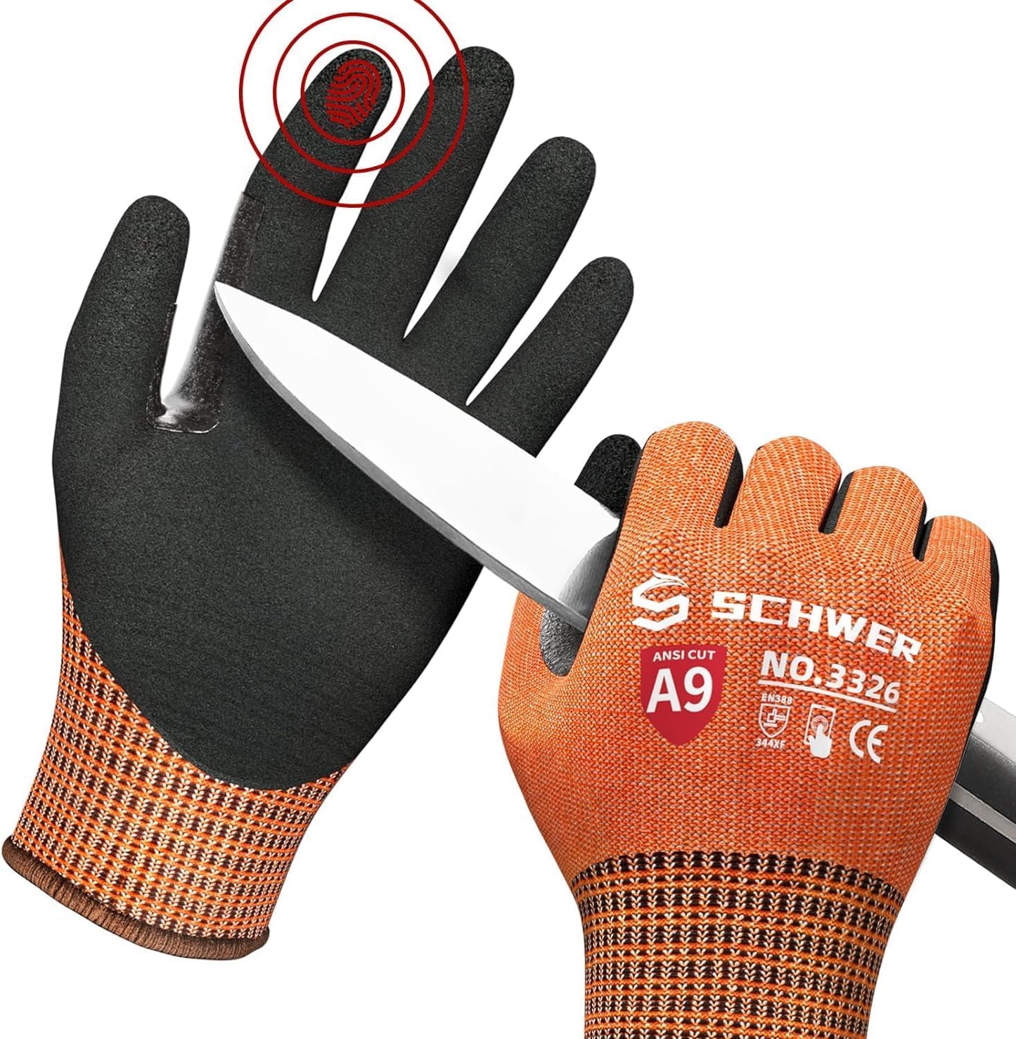 Schwer ProGuard Highest Level Cut Resistant Work Gloves PR3326 for Extreme Protection，ANSI A9 Cut Gloves with Reinforced Thumb, Non Slip, Non PFAS, Durable, Touch-screen, Orange 120 Pairs, L