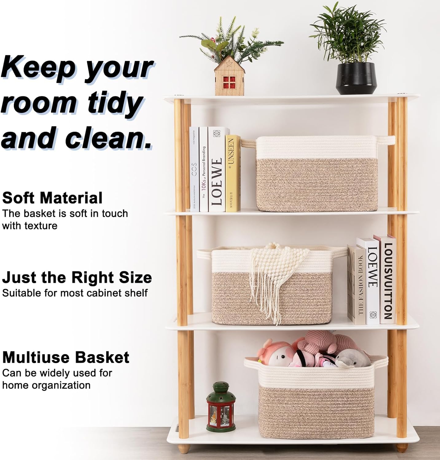 OIAHOMY 3 Pack Storage Baskets for Organizing, 13''X9.85''X8.7'' Storage Bins,Woven Basket with Handles, Toy Storage Bin,Stylish Room Decor Basket, white & Brown variegated