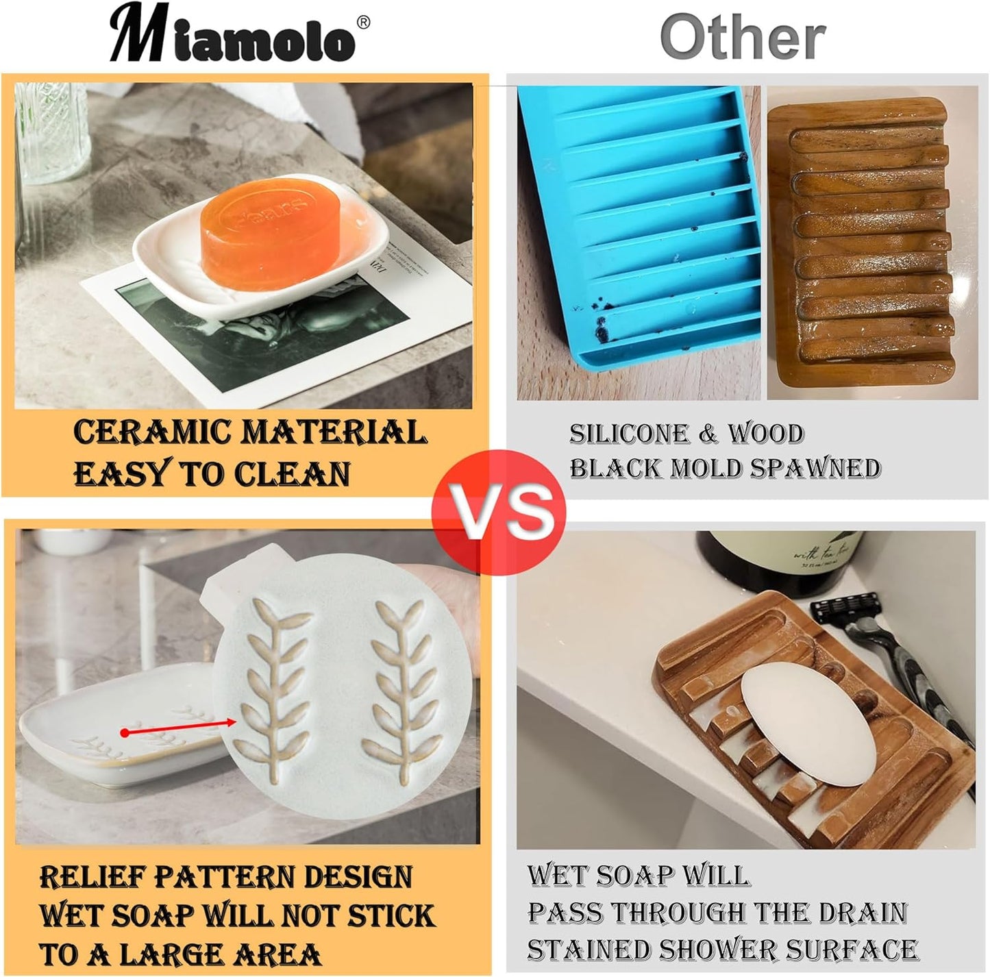 Soap Dish Soap Holder Shower, Ceramic Soap Dishes for Bar Soap Sponge, Shower Soap Dish Soap Saver Tray for Bathroom Kitchen Sink, Easy to Clean, White