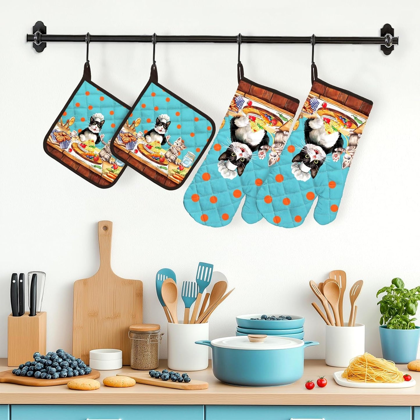 Cute Cat Oven Mitts and Pot Holders Sets 4Pcs, 100% Cotton Heat Resistant, Extra Long Oven Gloves Potholder for Kitchen Cooking Baking Decoration
