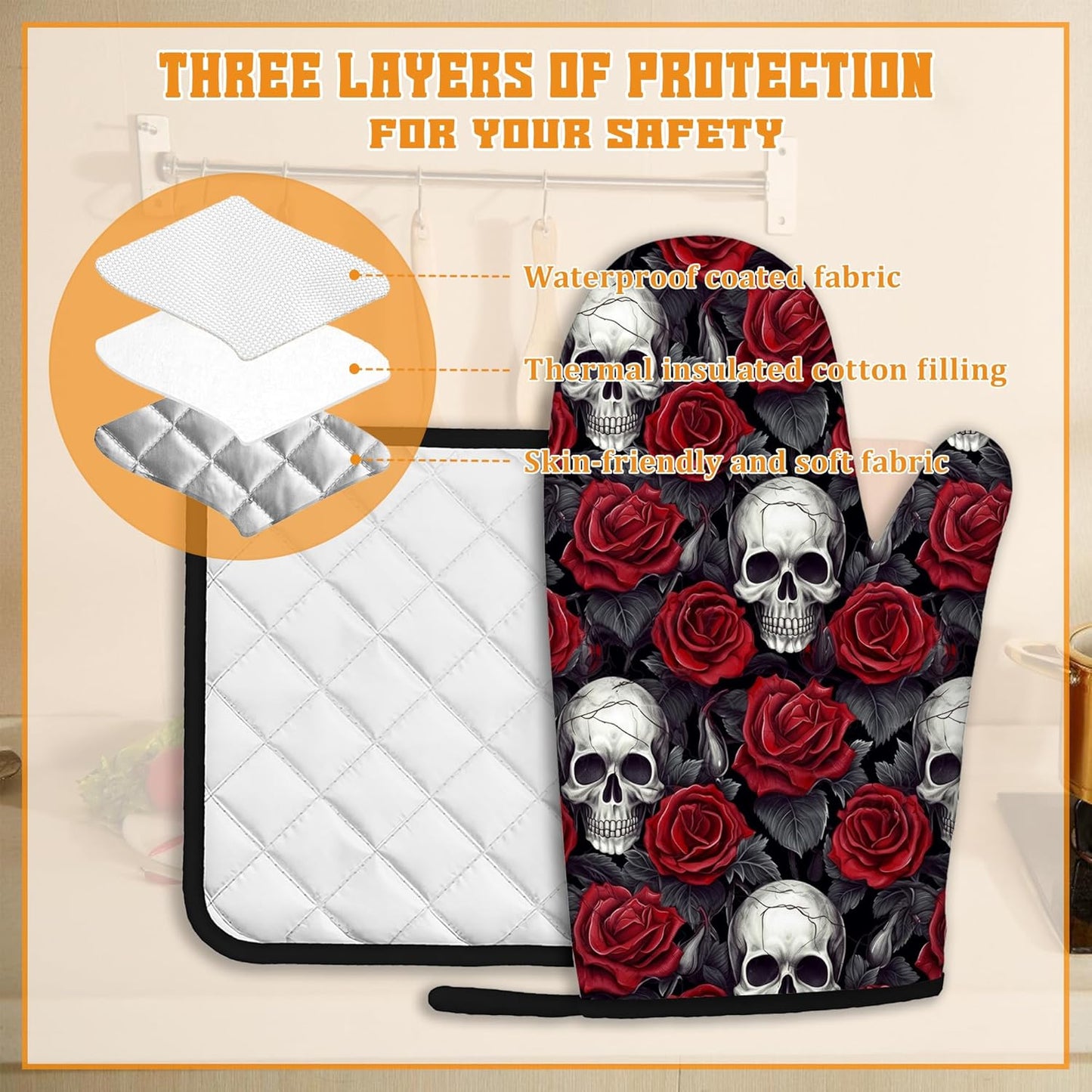 Skulls Oven Mitts and Pot Holders Set,Red Roses Kitchen Oven Gloves and Pot Holder with Heat Resistant Non Slip for Cooking Baking Grilling(4 Piece Set)