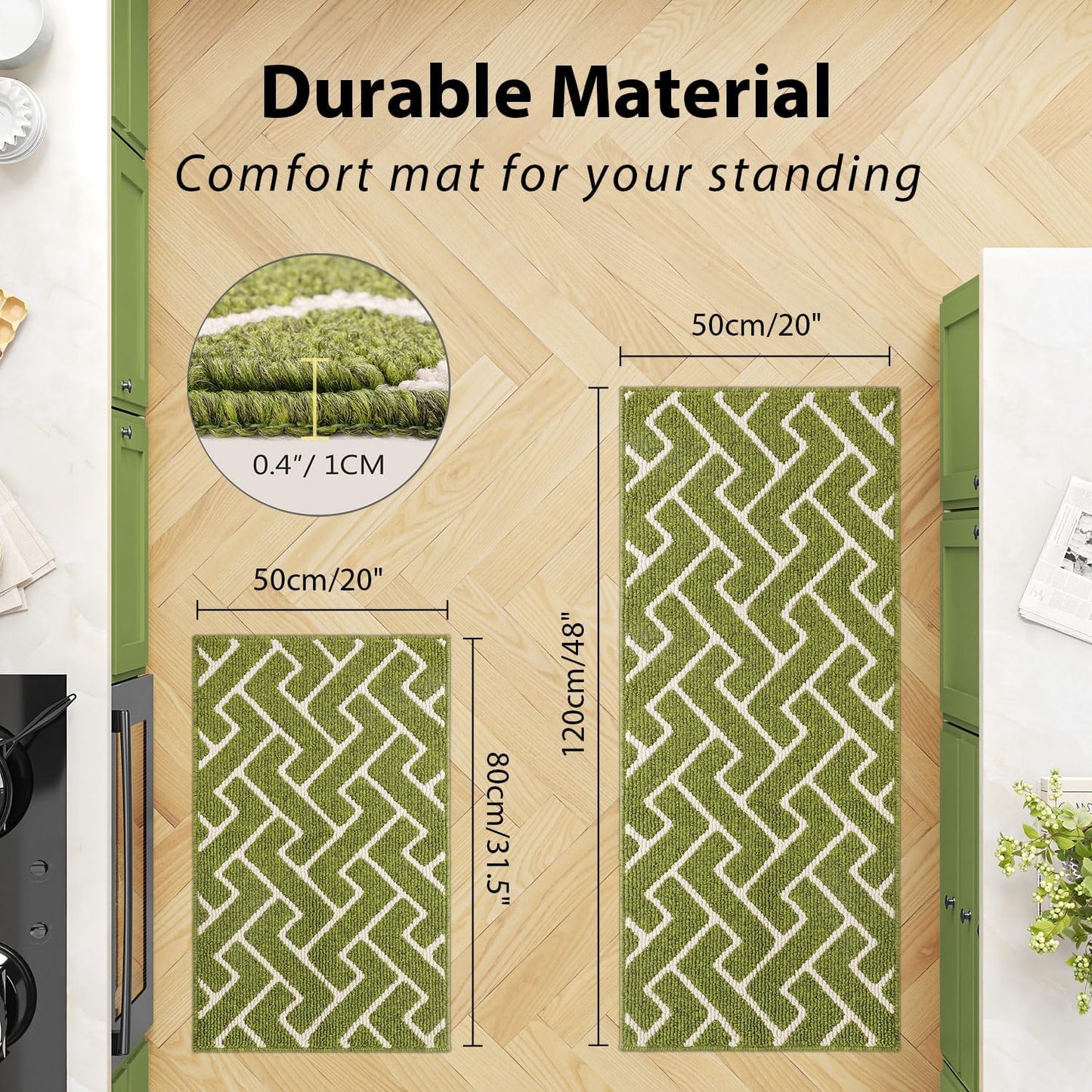 hicorfe Kitchen Rugs and Mats Sets,Non-Slip Absorbent 100% Polypropylene Kitchen Mats for Floor,Comfort Kitchen Runner Mat,Washable for Kitchen,Sink,Laundry(20" x 31.5" Plus 20" x 48",Sage Green)