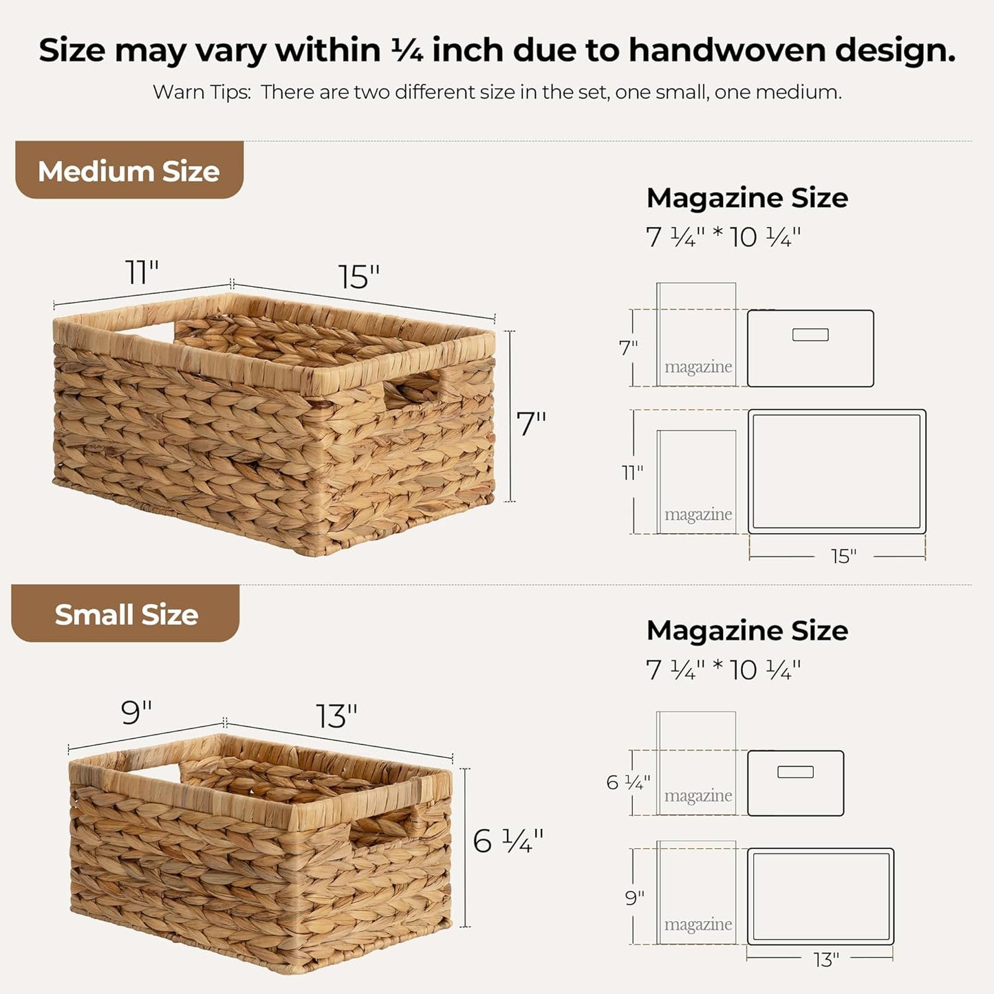 StorageWorks Wicker Storage Baskets, Handwoven Water Hyacinth Basket for Organizing, Decorative Organizers with Built-in Handles, Set of 2