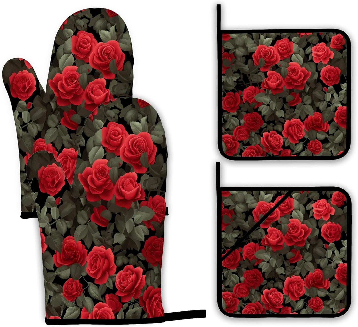 Red Rose Oven Mitts and Pot Holders Set,Kitchen Oven Gloves and Pot Holder with Heat Resistant Non Slip for Cooking Baking Grilling(4 Piece Set)