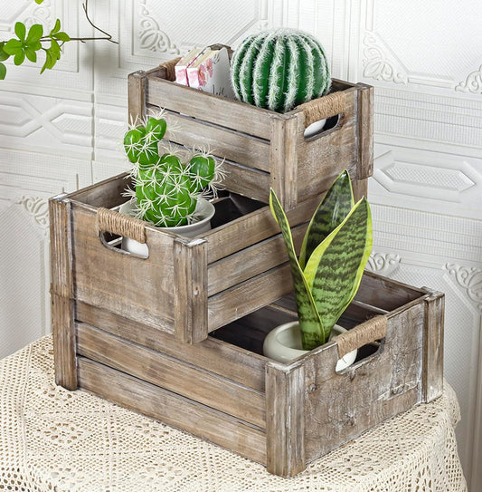 TIMRIS Set of 3 Rustic Wood Nesting Crates, Farmhouse Wooden Storage Container Boxes with Cutout Handles, Decorative Wooden Baskets for Display (Rustic Gray)