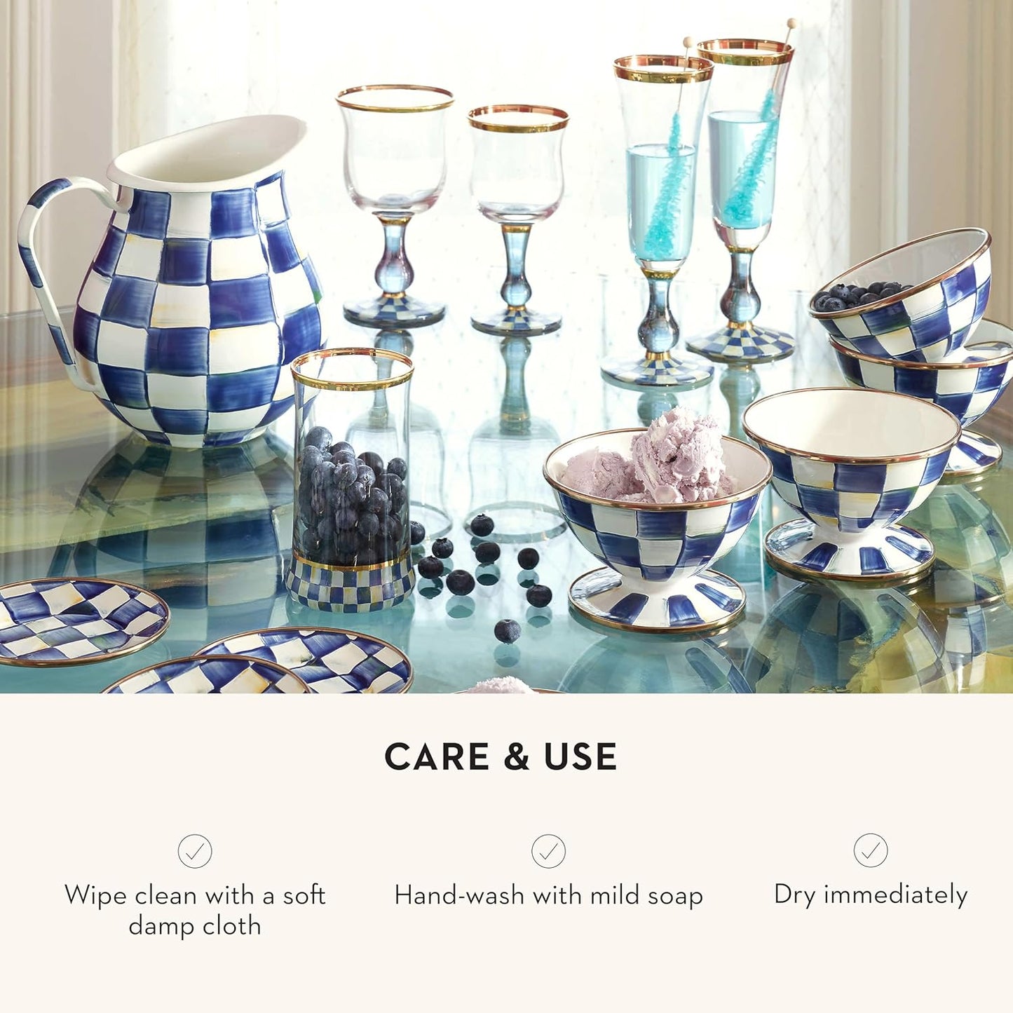 MACKENZIE-CHILDS Enamel Ice Cream Bowl, Serving Bowls for Entertaining, 2-Cup Capacity, Blue-and-White Royal Check