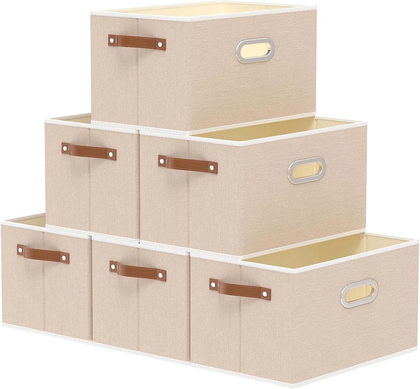 Yawinhe Fabric Storage Bins with Handles, Foldable Baskets for Shelves, Cubes with 3 Handles, Large Boxes for Clothes, Beige, 16.9''Lx11.8''Wx10.2''H, 6-Pack