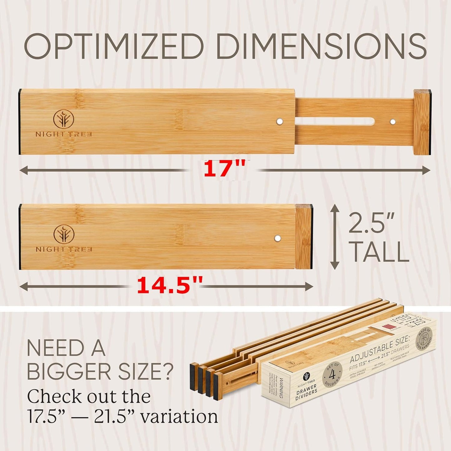 Night Tree Expandable Bamboo Drawer Dividers – Spring-Loaded Wooden Organizers for Clothes, Kitchen Utensils, Bathroom, and Dresser Drawers (14.5" to 16.5")