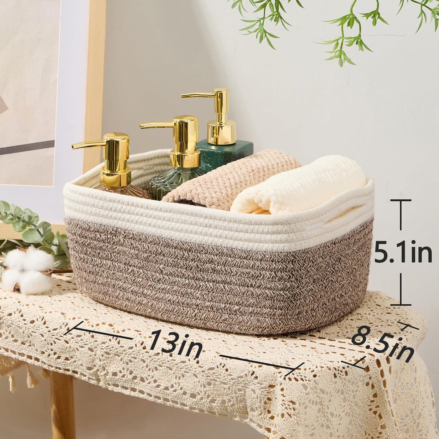 Small Storage Baskets for Organizing | Closet Organizer Bins | Shelf Toy Basket | Woven Rope Baskets | Cube Decorative Box | Shallow Basket | 13x8.5x5.1” | 4 Packs White Brown