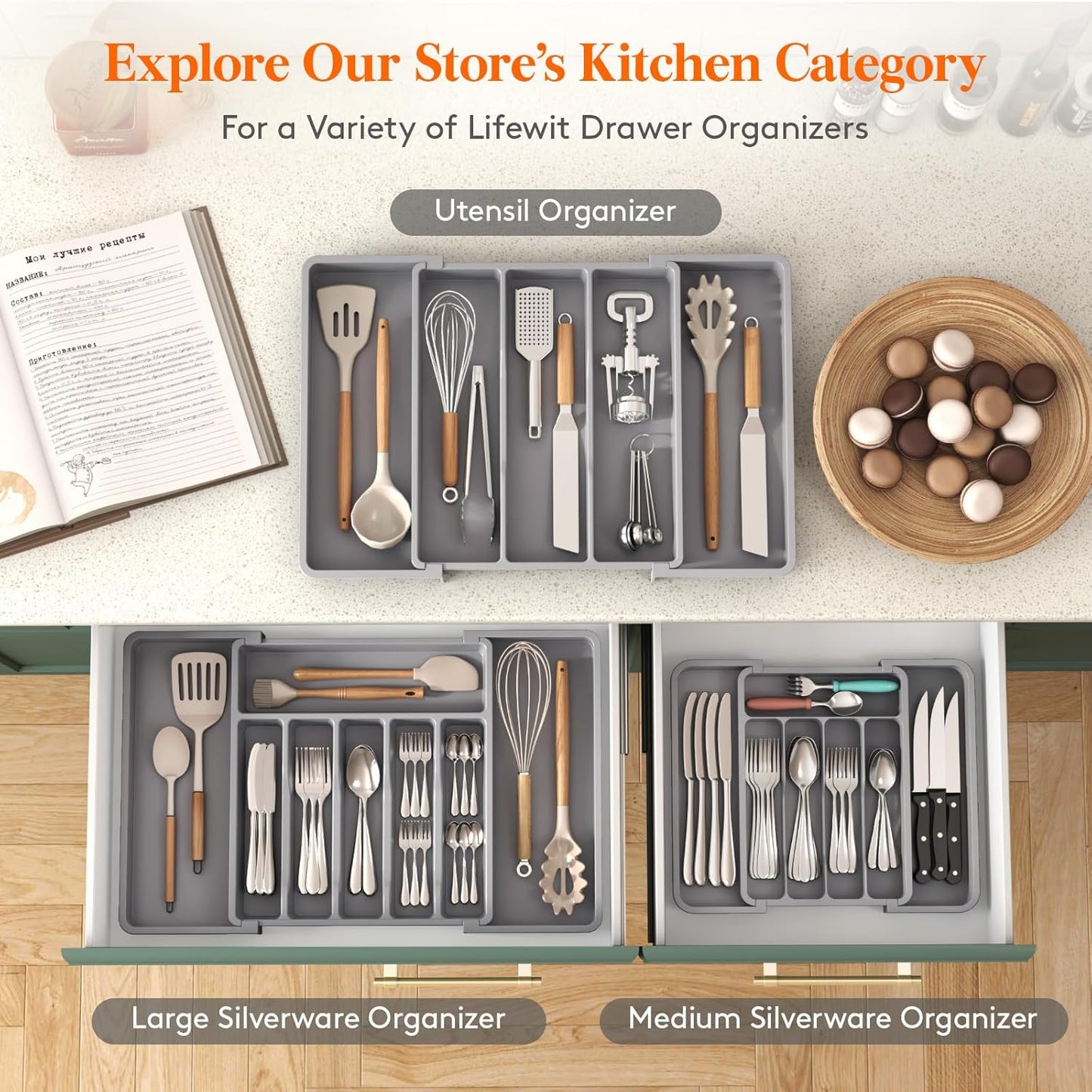Lifewit Silverware Drawer Organizer, Expandable BPA Free Utensil Tray for Kitchen, Adjustable Flatware and Cutlery Holder for Spoons Forks Knives, Plastic Kitchen Organizers and Storage, Gray