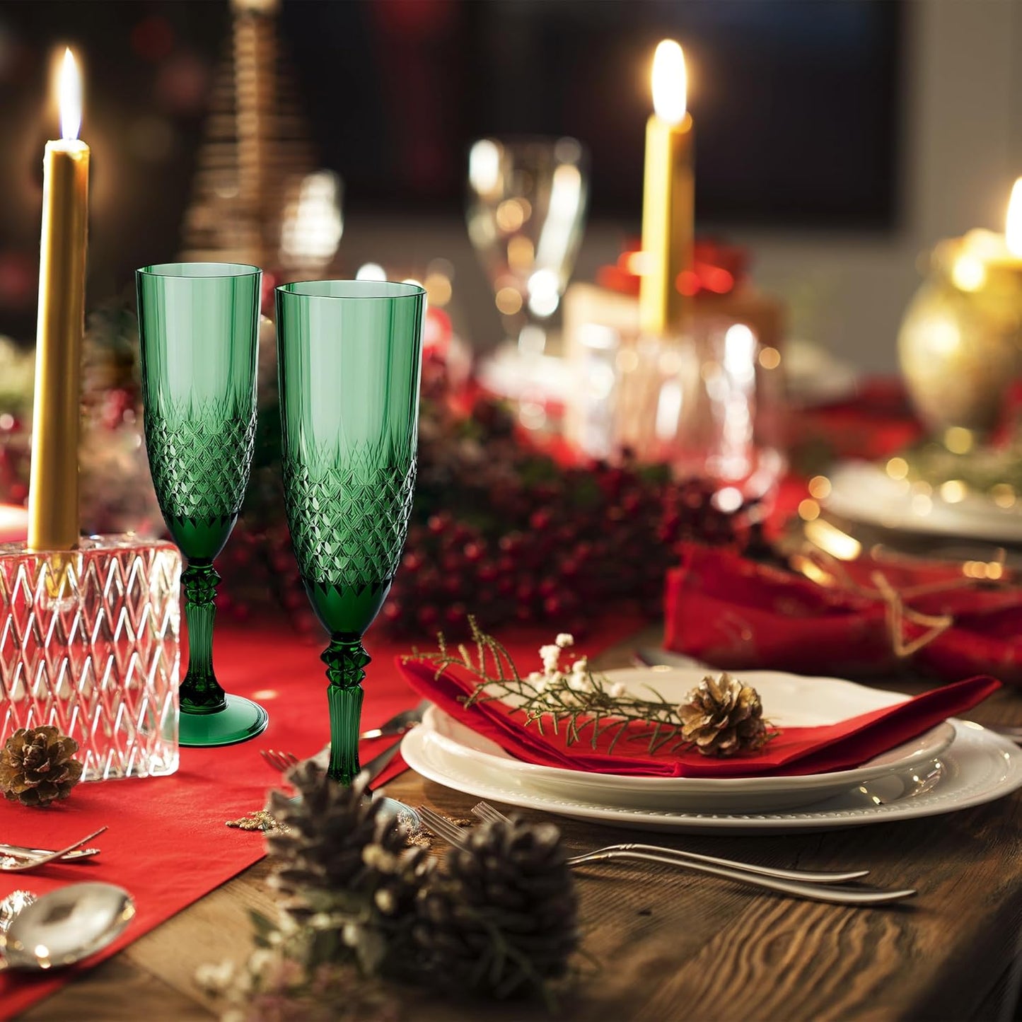 Plastic Champagne Flutes, 24PCS Dark Green Plastic Wine Glasses Goblets Reusable Champagne Flute for Weddings, Bachelor Parties, Toasting, and Events(24, Dark Green)