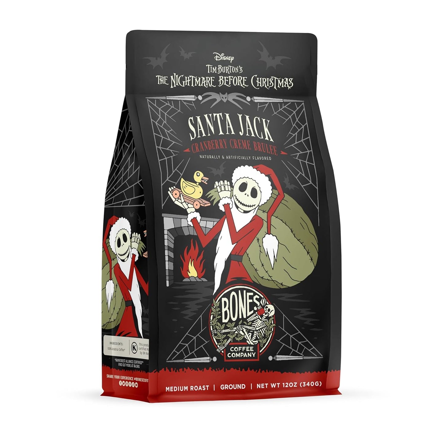 Bones Coffee Company The Nightmare Before Christmas Santa Jack Flavored Coffee Beans, Medium Roast Ground Coffee Low Acid, Cranberry Creme Brulee Flavor (12 oz)
