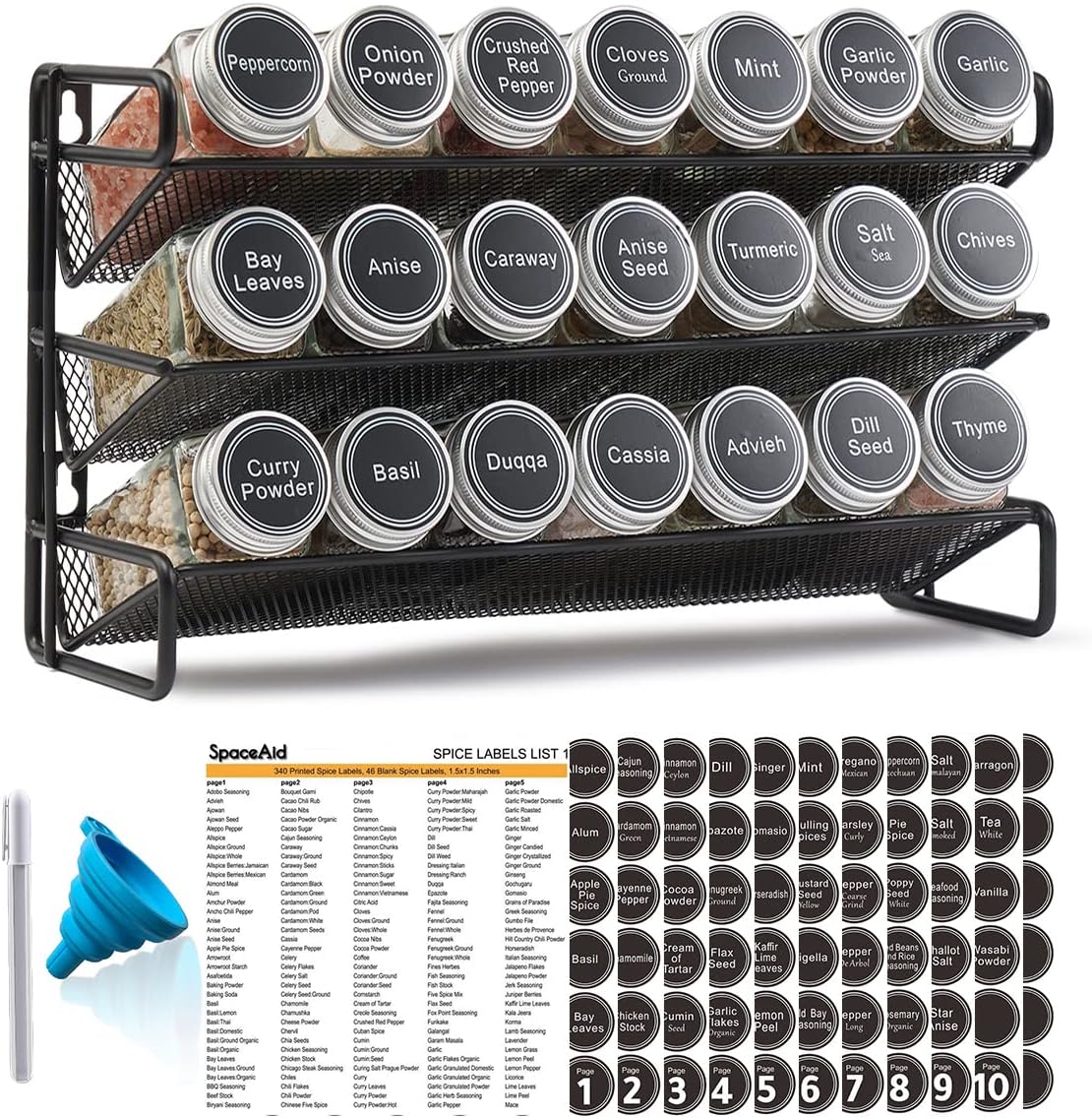 SpaceAid Spice Rack Organizer with 21 Spice Jars, 386 Spice Labels, Chalk Marker and Funnel Set for Cabinet, Countertop, Pantry, Cupboard or Door & Wall Mount - 21 Jars, 13.4" W × 9" H, Black