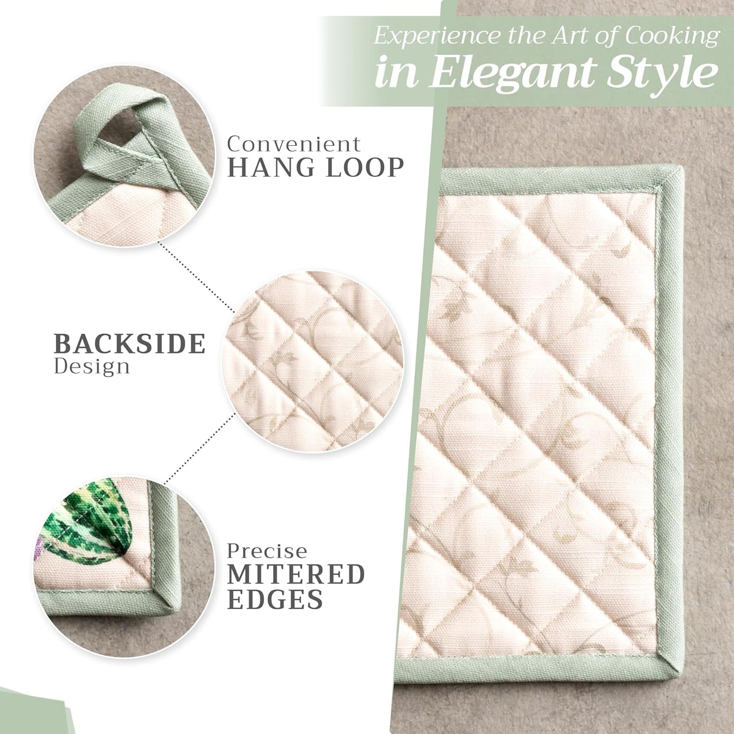 Maison d' Hermine 100% Cotton Oven Mitt & Pot Holder Set (7.5"x13" & 8"x8") Heat Resistant BBQ Cooking Gloves with Loop, Baking, Grilling, Kitchen, Handling Hot Pans (Lumina)