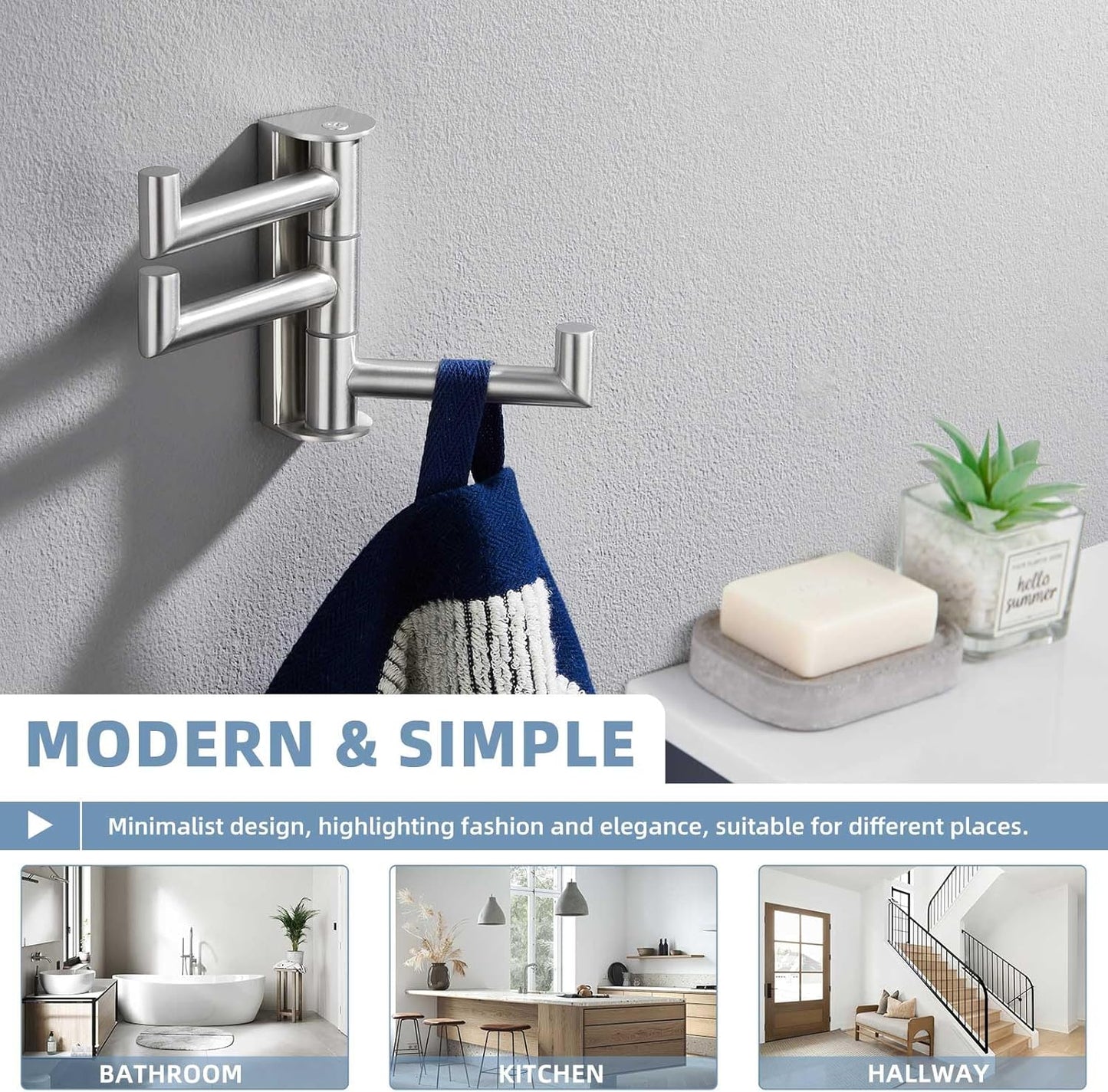 Suyar Bathroom Towel Hook 3 Arms, SUS 304 Stainless Steel Swivel Coat Robe Holder, Towel Hanger Wall Mounted, Brushed Nickel