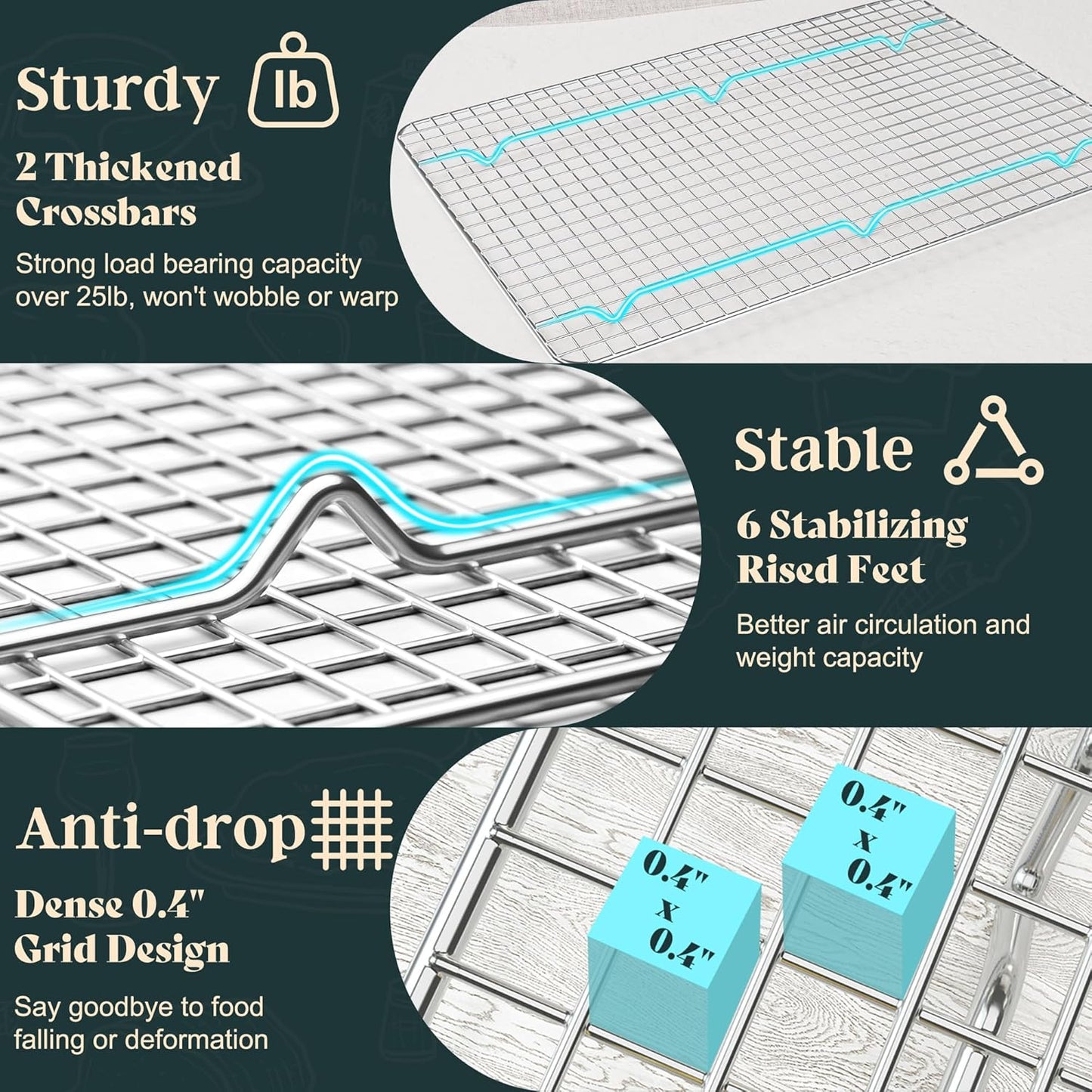 Cooling Racks for Cooking and Baking-10"x14.75" Oven Safe Premium Stainless Steel Heavy Duty Baking Rack Tight-Wire, Fits Jelly Roll Pan for Roasting & Grilling & Cooking-1 Pack