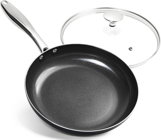 MICHELANGELO Ceramic Frying Pan - 10 Inch Frying Pan Nonstick with Lid, Non-Toxic Skillet with Stainless Steel Handle, Nonstick Skillet, Black