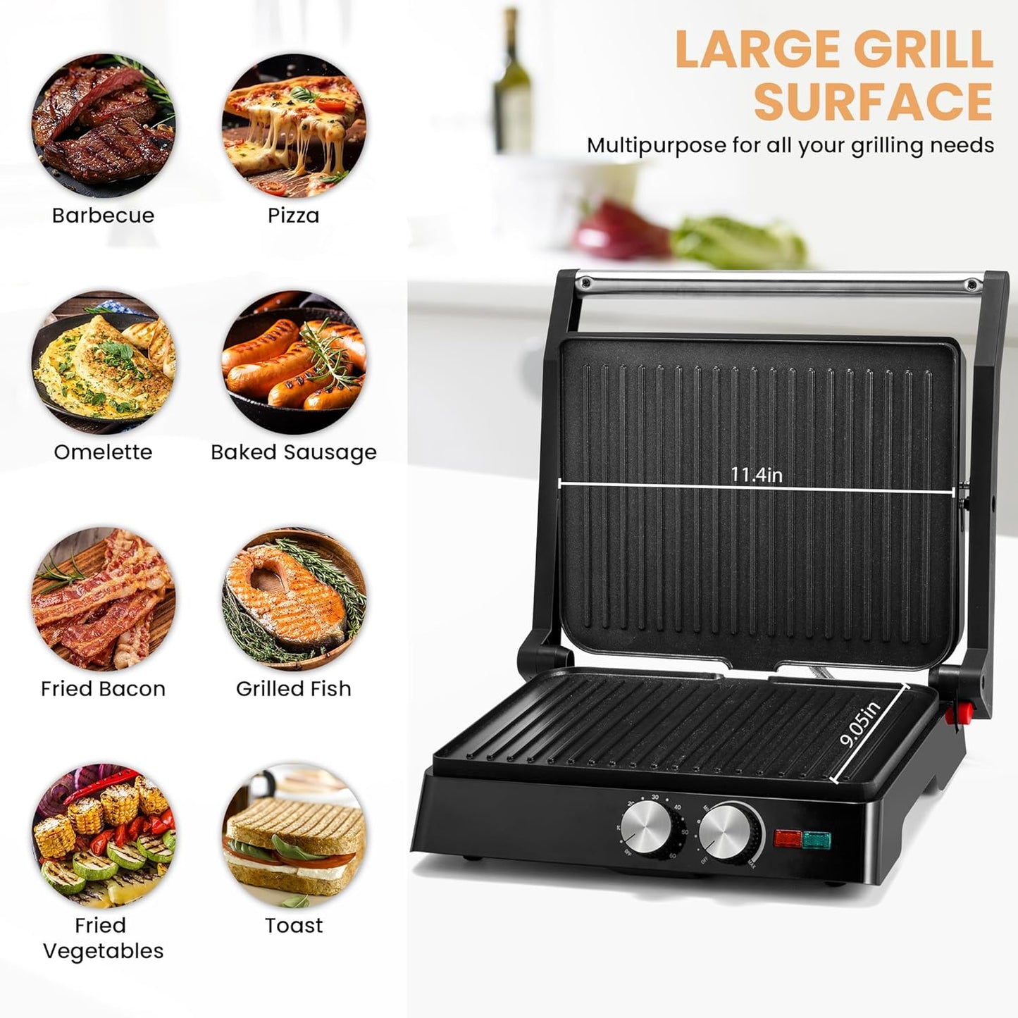Pukomc Panini Grill Press,Sandwich Maker Press,Contact Grill, 1400W Non-Stick Grill, 60-Minute Timer, 180 Degrees Opening, Stainless Steel