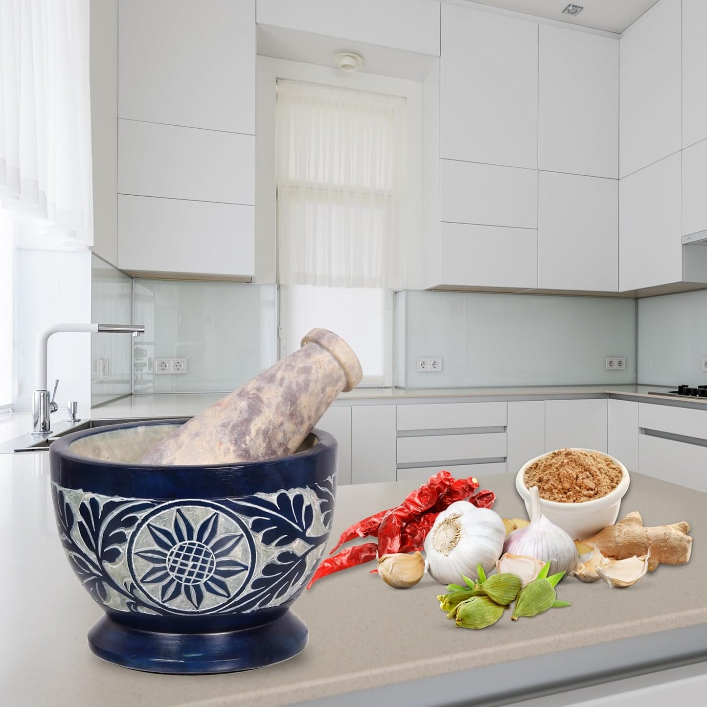 Mortar and Pestle, Made of Heavy Duty Polished Hard Stone, Natural Stone Grinder for Spices, Pastes, Herbs, Seasoning etc. (Blue)