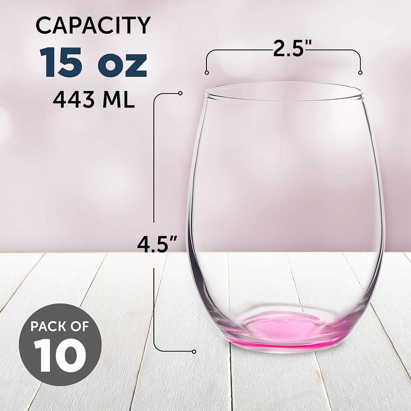 DISCOUNT PROMOS Stemless Wine Glasses in Bulk by ARC Perfection, 15 oz, 10 pack, Red or White Wine Glass Set, Pink