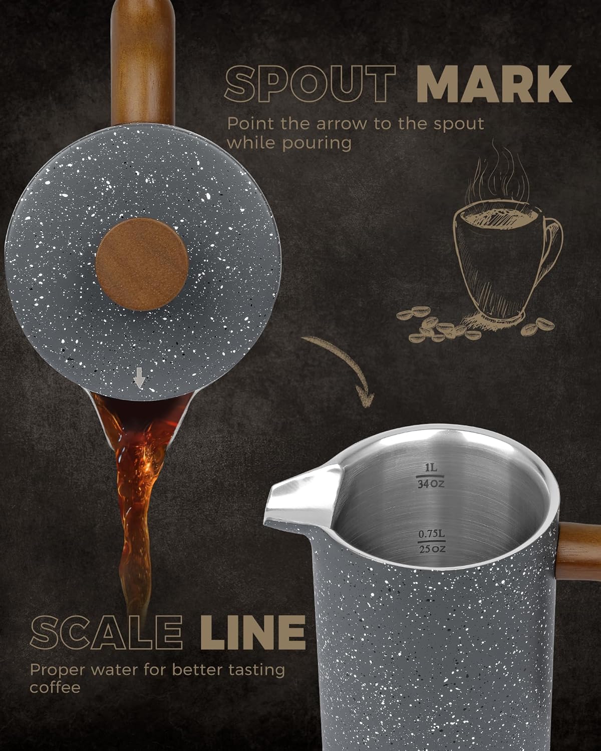 POLIVIAR French Press Coffee Maker, 34 Ounce Coffee Press with Real Wood Handle, Double Wall Insulation & Dual-Filter Screen, Food Grade Stainless Steel for Good Coffee and Tea (Lava)