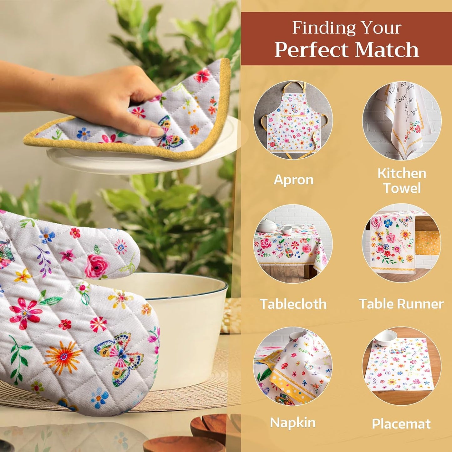 Maison d' Hermine Oven Gloves 100% Cotton Oven Mitt 7" x 13" with Loop Heat Resistant, BBQ, Cooking Gloves, Grilling, Kitchen, Handling Hot Pans Spring/Summer (Pack of 1, Happy Florals - Sweety)