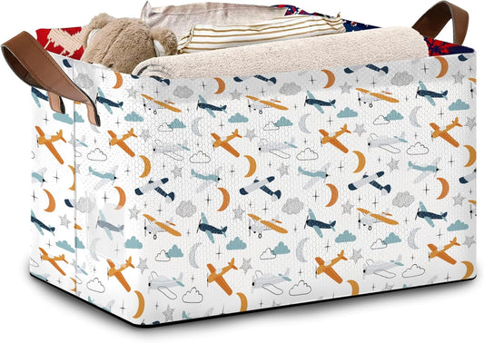 Aviation Themed Storage Basket Large 17x11.5x10.5 Inche-Collapsible Fabric Organizer Bin with Handles for Boys Room, Travel Decor, Toys-Decorative Hamper with Colorful Airplane Silhouettes-Single Pack