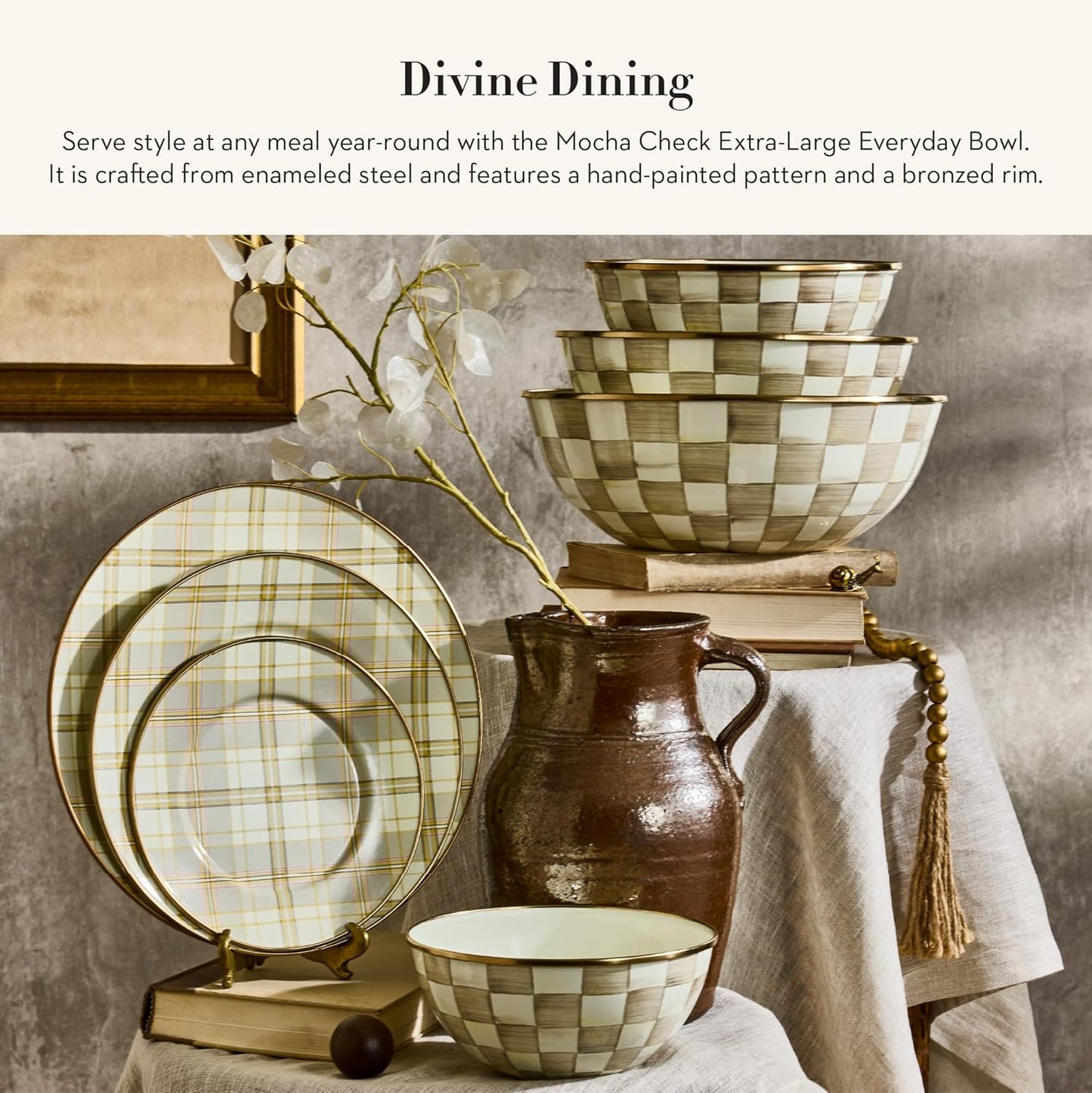 MACKENZIE-CHILDS Enamel Everyday Bowl, Serving Bowl for Entertaining, Extra Large, Brown-and-White Mocha Check