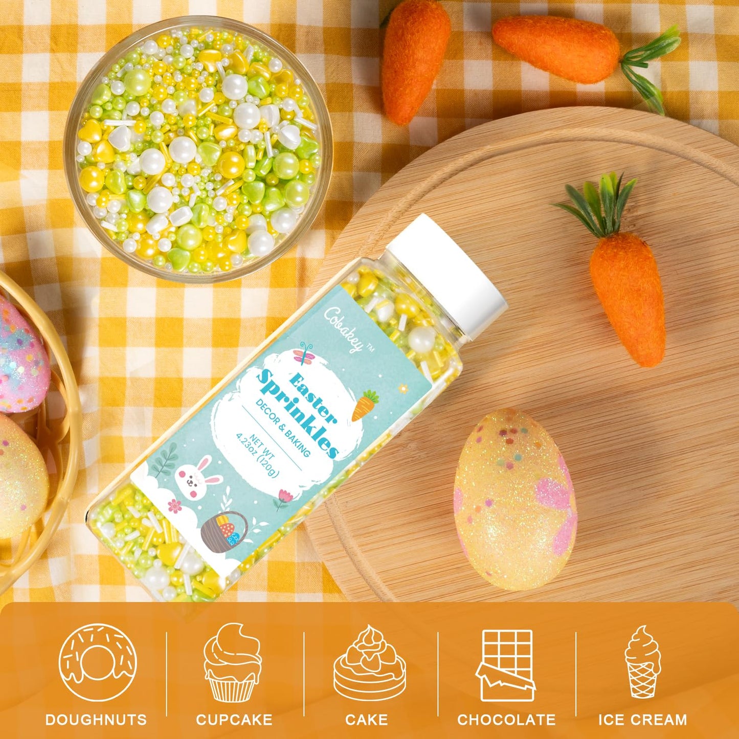 Cobakey Easter Sprinkles for Cookies 4.23 Ounce Spring Sprinkles for Baking Yellow & Green Edible Heart Perfect for Easter Cake Decorations, Baking, Ice Cream, Cookies, Cupcake Topper