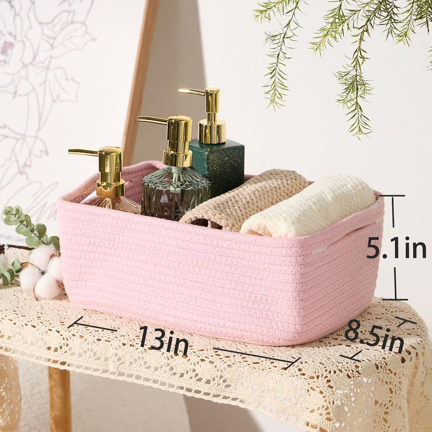 Small Storage Baskets for Organizing | Closet Organizer Bins | Shelf Toy Basket | Woven Rope Baskets | Cube Decorative Box | Shallow Basket | 13x8.5x5.1” | 3 Packs Pink