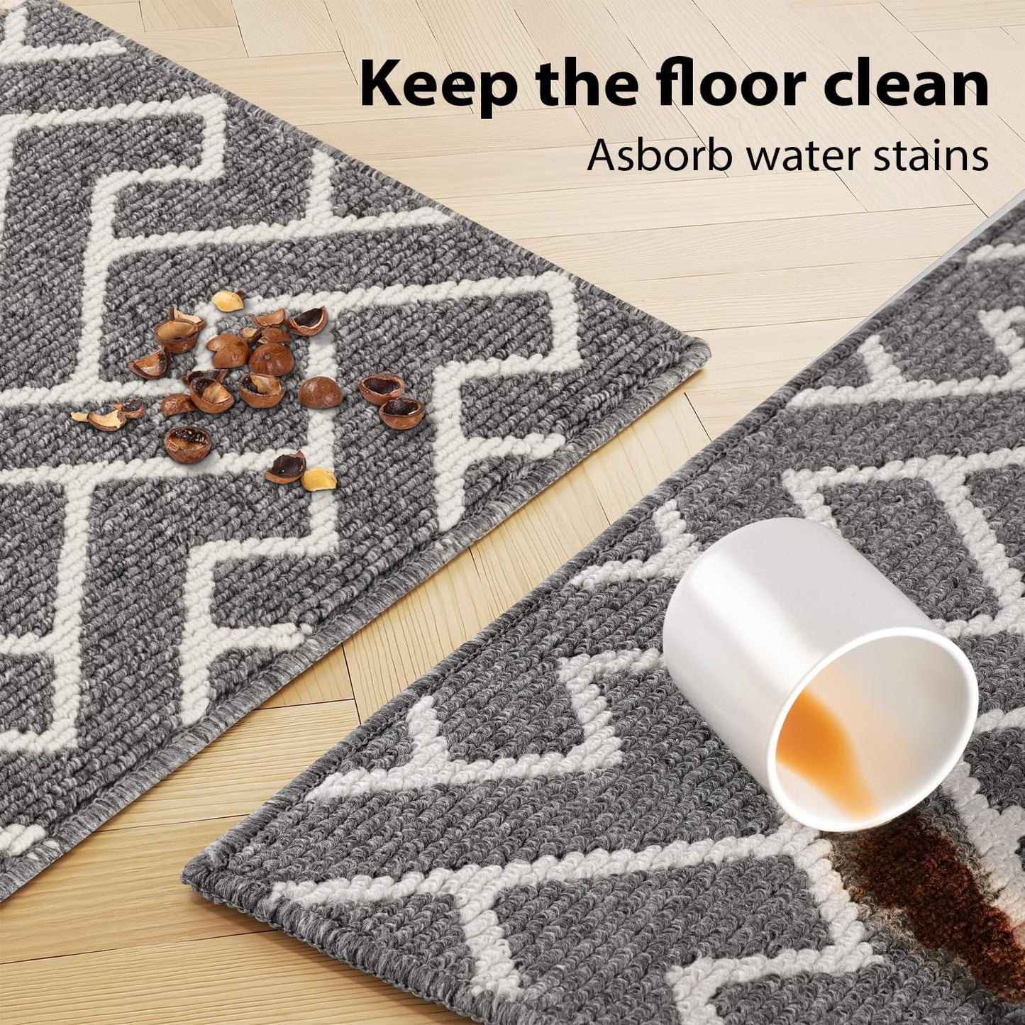 hicorfe Kitchen Rugs and Mats Sets,Non-Slip 2 Pieces Absorbent 100% Polypropylene Rug,Comfort Kitchen Runner Mat,Washable for Kitchen,Sink,Laundry(20" x 31.5" Plus 20" x 48",Grey)