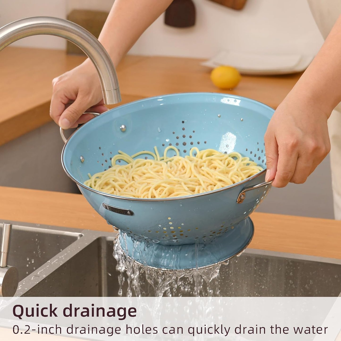 Metal Colander 2 Pack, Strainer Bowel with Handles 2Qt & 6Qt Powder Coated Solid Ring Base Heavey Duty Kitchen Drainer Basket for Pasta Veggies and Fruits,New Home Apartment Essentials (ArcticBlue)