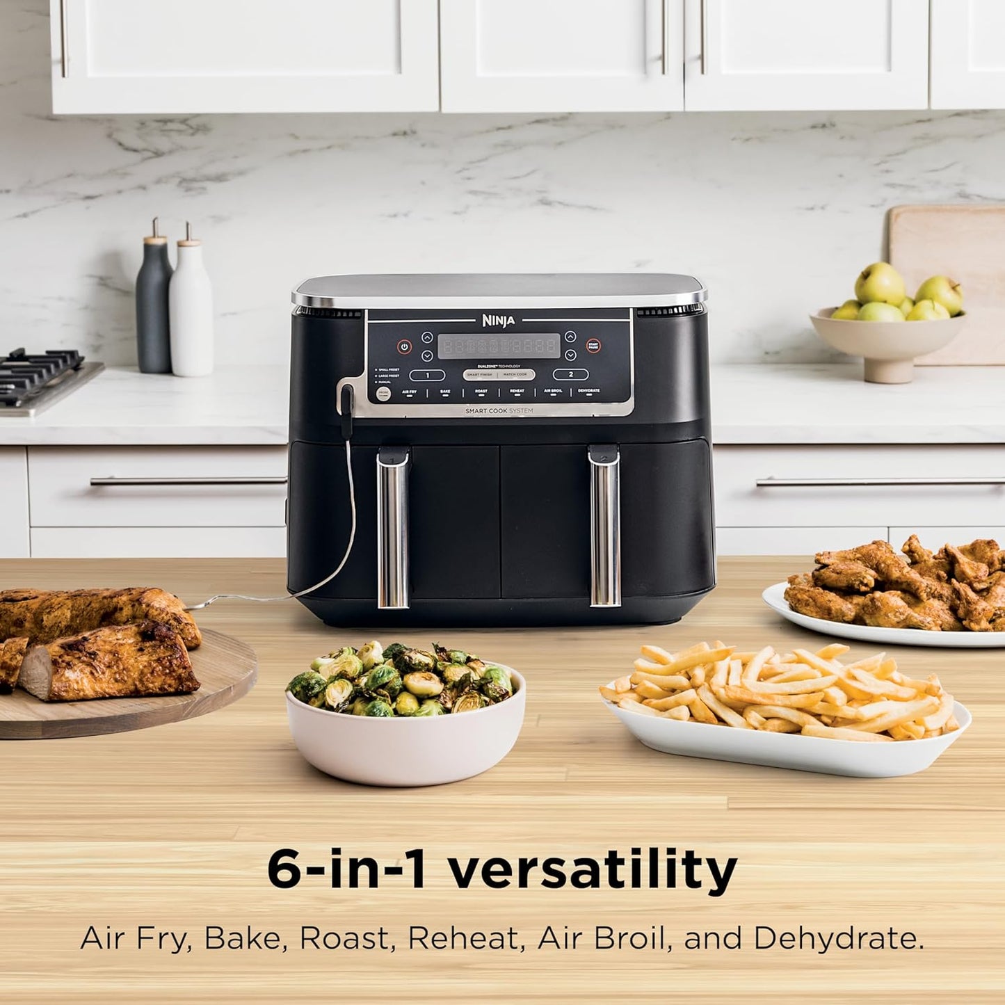 Ninja Foodi 10QT 6-in-1 DualZone Smart XL Air Fryer, 2 Independent 5QT Baskets, Smart Cook Thermometer, Match Cook, Smart Finish, Air Fry, Roast, Bake, Dehydrate, Reheat, Grey, DZ550