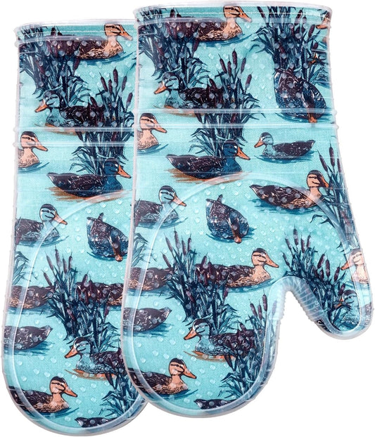 Oven Mitts Set of 2 with Transparent Clear Silicone Shell and Nice Duck Printing Cotton Lining, Heat Resistant to 500 F Kitchen Oven Gloves Pot Holder for Cooking (Wathet Blue, Oven Mitts)