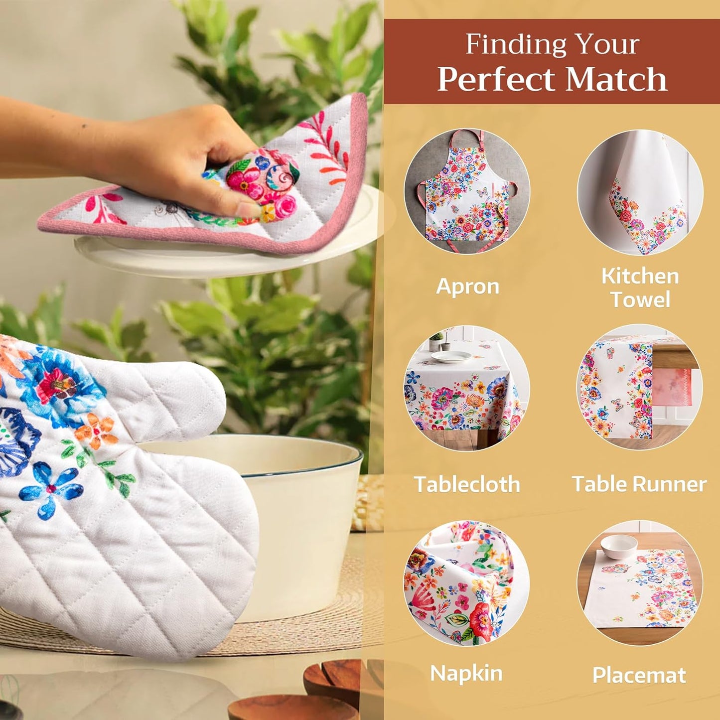 Maison d' Hermine 100% Cotton Oven Mitt & Pot Holder Set (7.5"x13" & 8"x8") Heat Resistant BBQ Cooking Gloves with Loop, Grilling, Kitchen, Handling Hot Pan Spring/Summer (Happy Florals - High Summer)