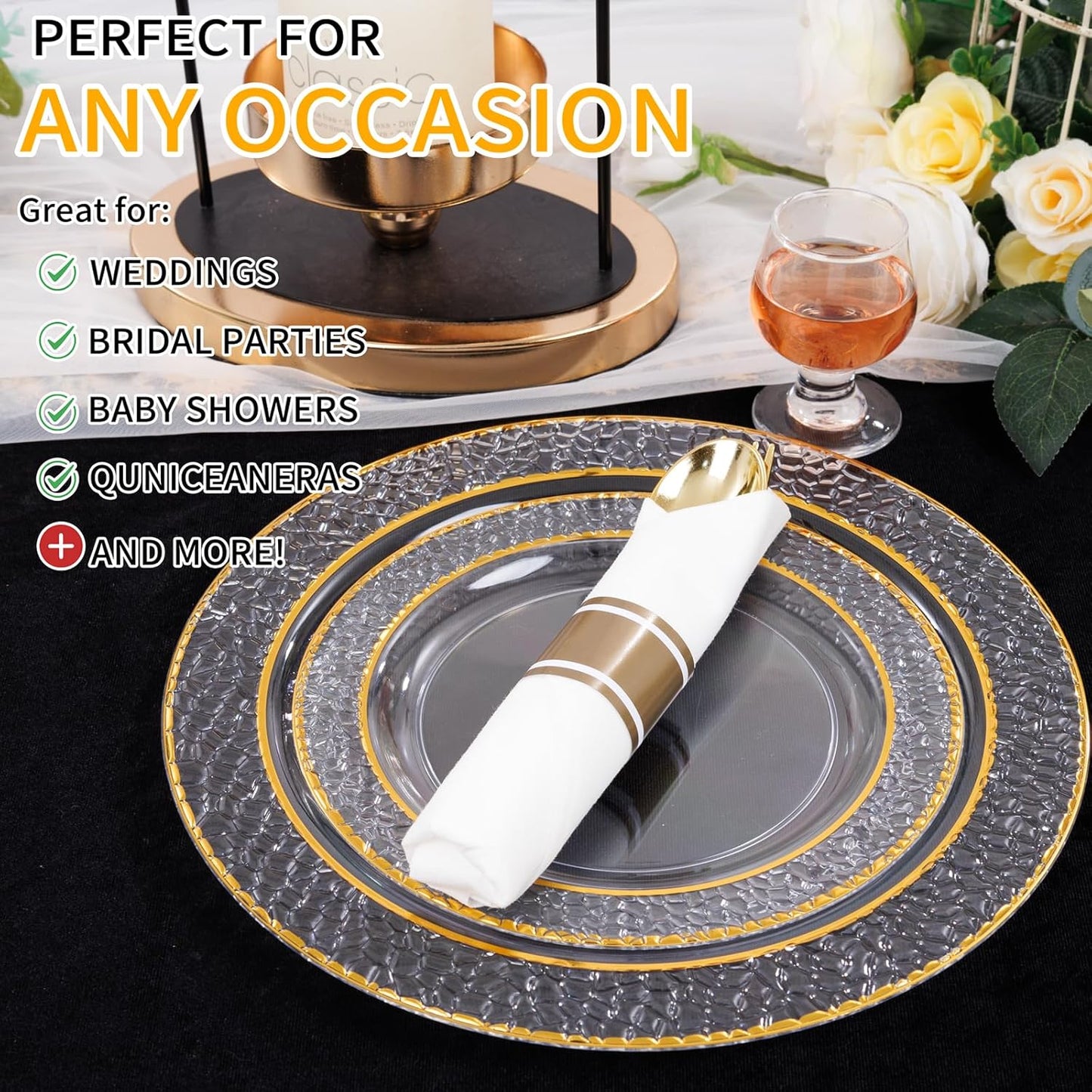 400PCS Pre Rolled Gold Plastic Silverware Sets - Heavy Duty Hammered Gold Cutlery Include 100 Pack Wrapped Disposable Utensils with Napkins for Parties, Dinners & Weddings