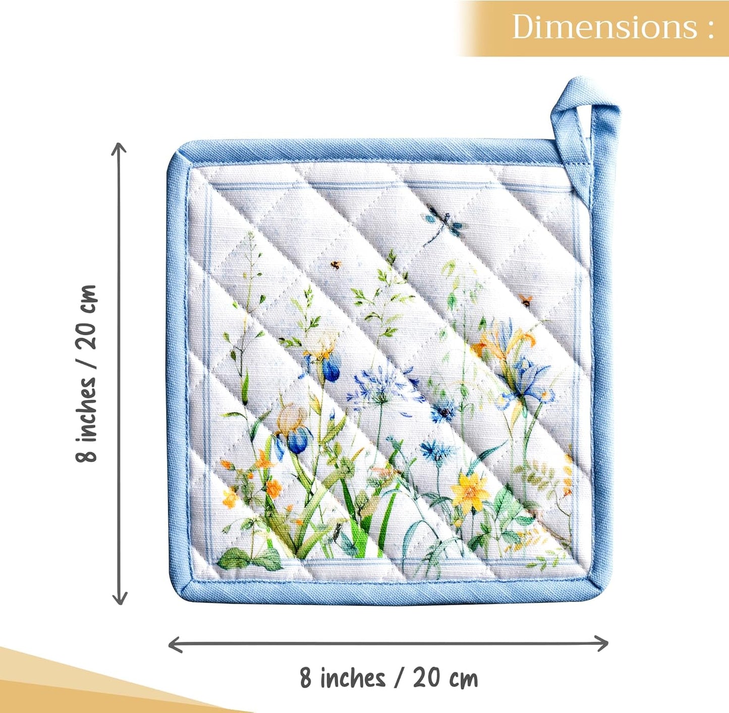 Maison d' Hermine Pot Holders 100% Cotton Heat Resistant Potholders 8" x 8" Hot Pads with Loop BBQ, Cooking, Baking, Grilling, Kitchen, Handling Hot Pans Spring/Summer (Pack of 1, Fleurs De Mai)