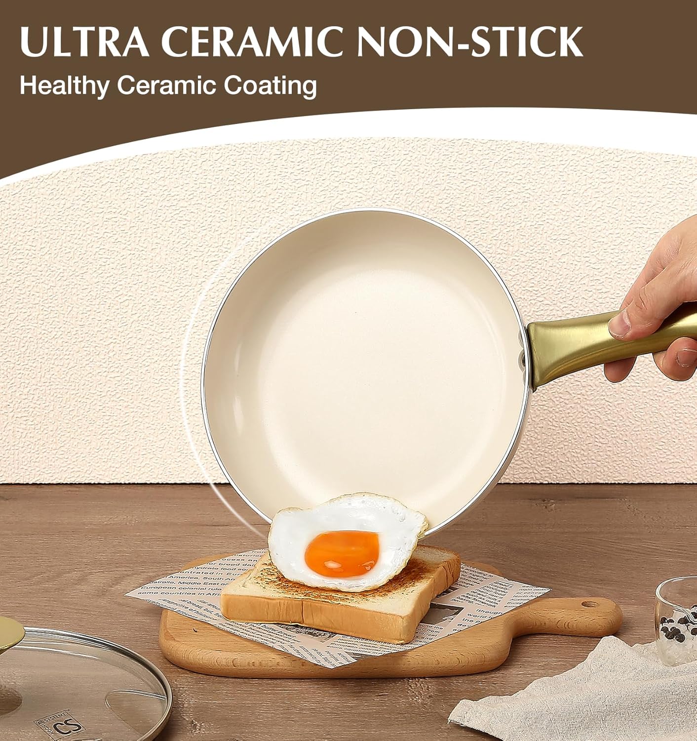 KOCH SYSTEME CS Nonstick Frying Pan with Lid, 10 Inch Non-Stick Skillet with Gold Stainless Steel Handle, Omelet Pan with Nonstick Ceramic Coating, PFOA Free, Induction & Oven Safe, Cream White