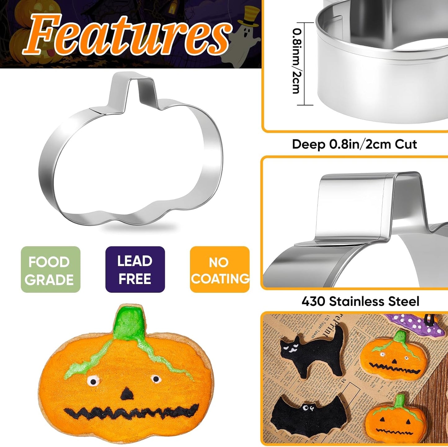 Halloween Cookie Cutters Set of 7 Stainless Steel Pumpkin Ghost Witch Hat Bat Cat Tombstone Skull Shapes for Halloween Party Supplies and Baking 50 Biscuit Bags Included