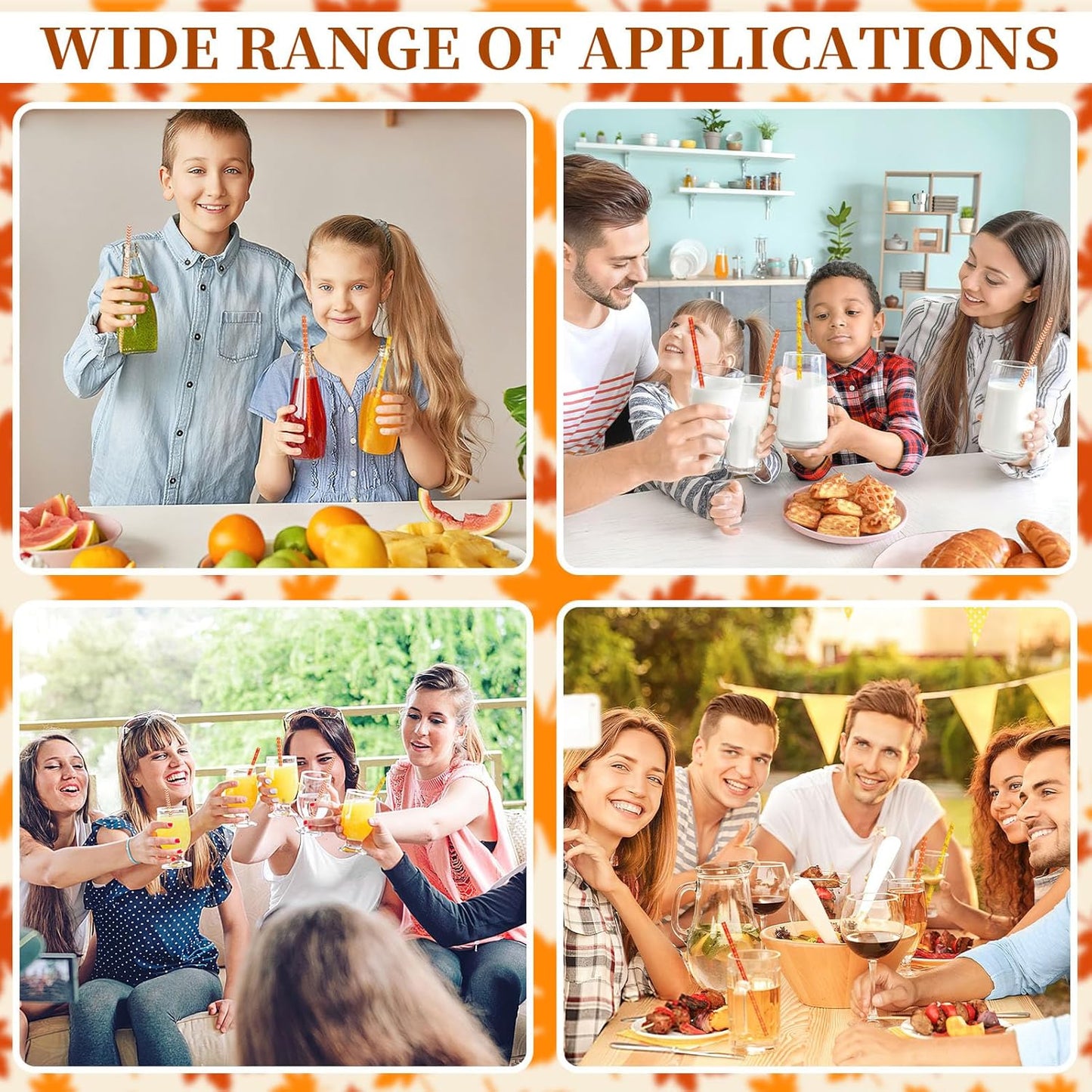 JANYUN 30 Pieces Fall Straws, 9inch Hard Platic Reusable Thanksgiving Drinking Straws Autumn Maple Leaf Pumpkin Straw for Family Party Favors Supplies Cleaning Brush (Orange & Yellow)