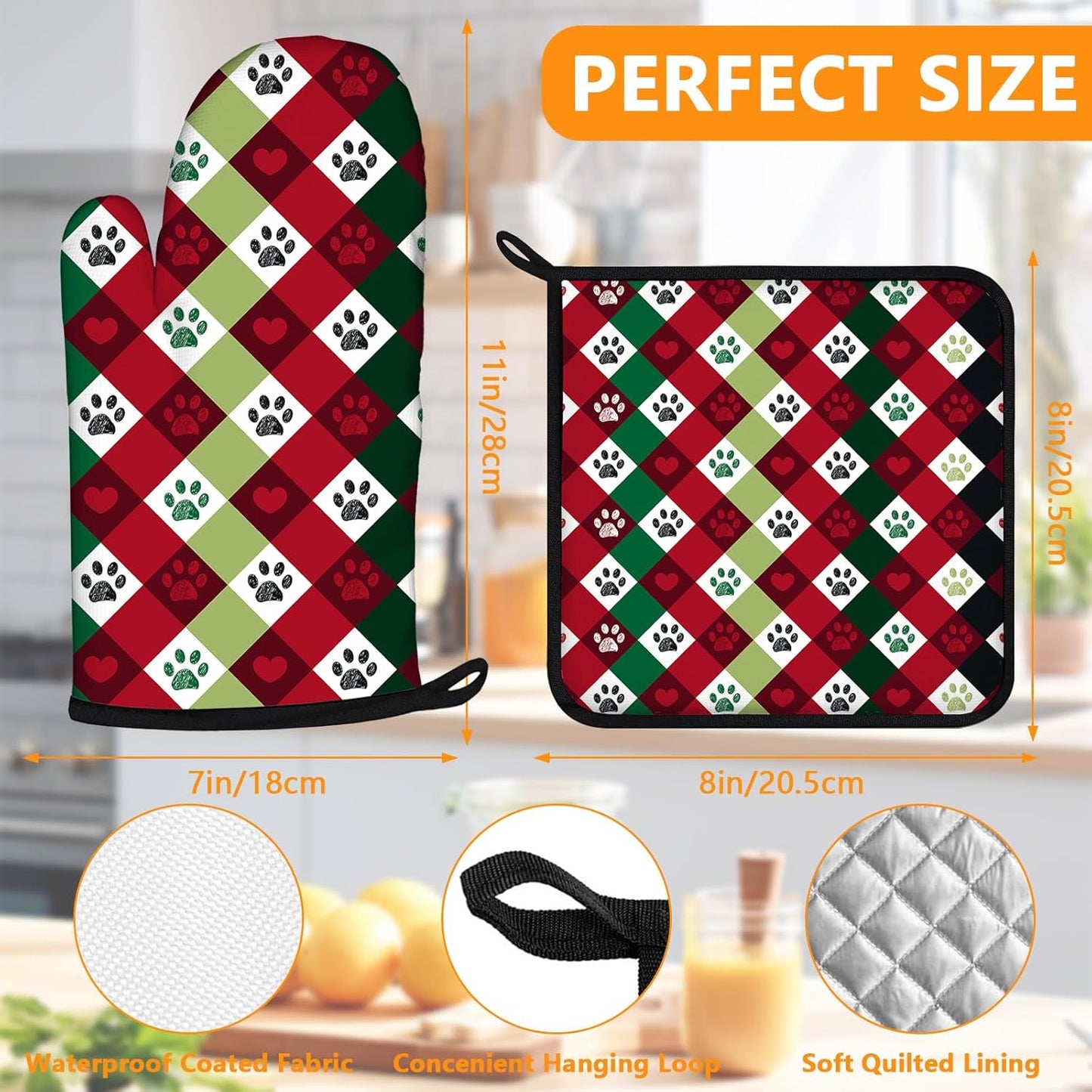 Red Green Dog paw Oven Mitts and Pot Holders Sets 4Pcs,Extra Long Oven Gloves Potholder for Kitchen Cooking Baking BBQ 100% Cotton Heat Resistant