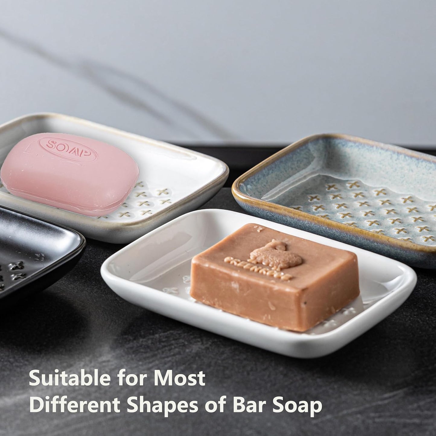 Gomakren Soap Dish, Shower Soap Holder, Ceramic Soap Dishes for Bar Soap Sponge Shampoo, Soap Saver Tray for Bathroom Kitchen Sink Counter, 5.5 Inch, White