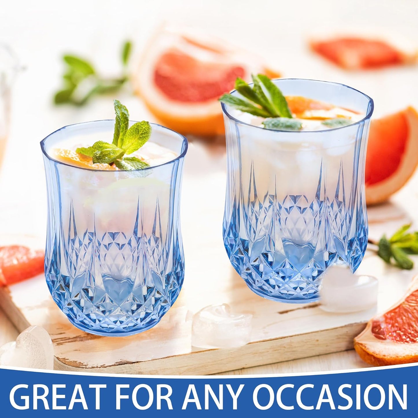 48 PCS Blue Stemless Wine Glasses，Plastic Reusable Cups 9OZ Vintage Drinking Glasses Tumblers for Whisky, Beer, Juice, Beverages, Cocktai