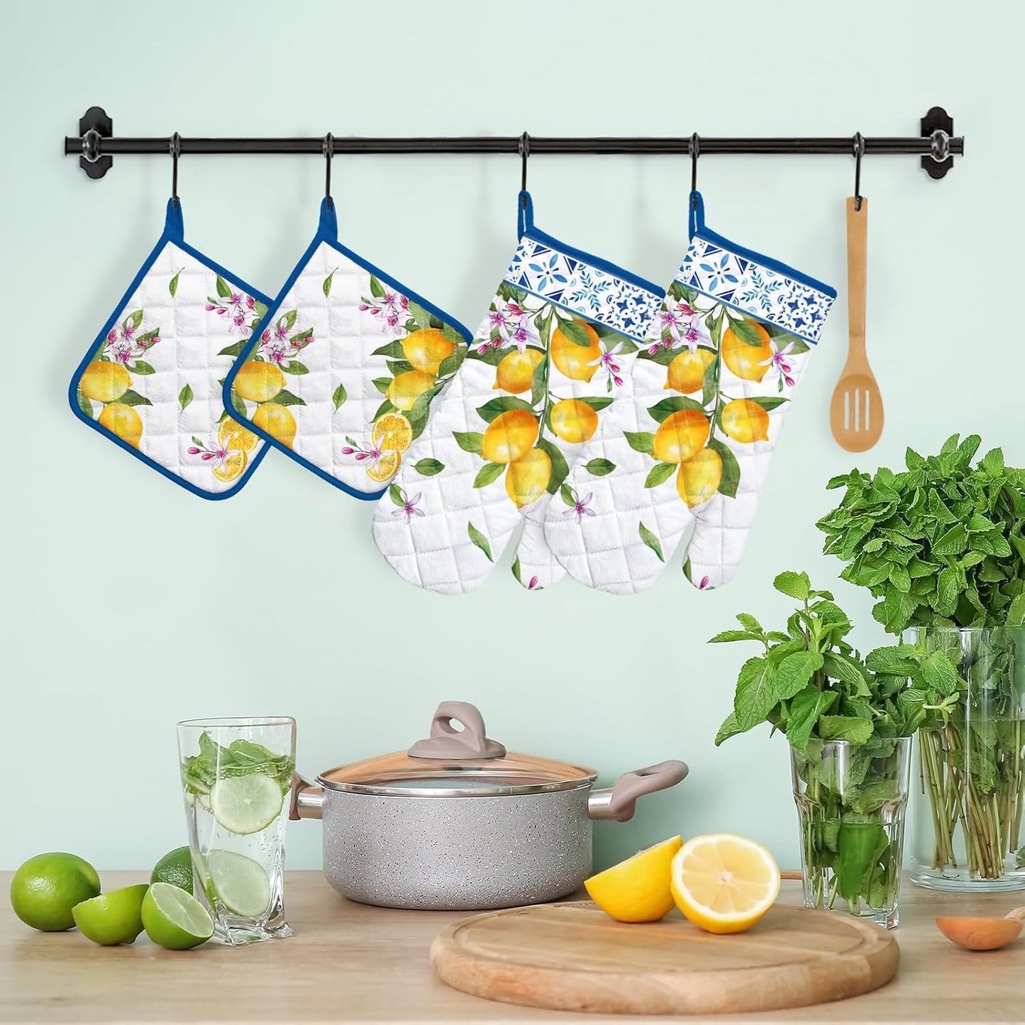 Summer Lemon Oven Mitts and Pot Holders Sets 4Pcs, 100% Cotton Heat Resistant, Extra Long Oven Gloves Potholder for Kitchen Cooking Baking Decoration